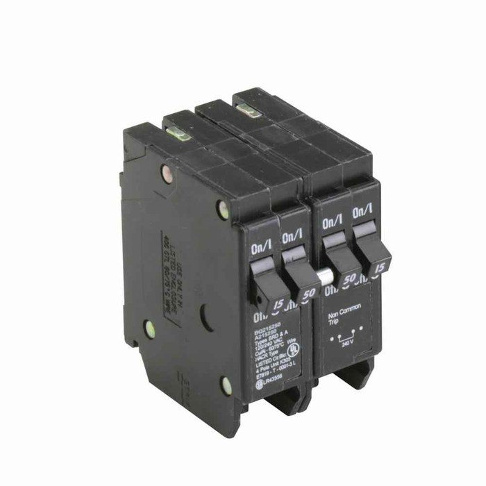 Eaton BQ215250 BR thermal magnetic circuit breaker,Type BQ 1-Inch CTL plug-on circuit breaker,Includes rejection tab feature,(1) Two-Pole 15 A, (1) Two-Pole 50 A,10 kAIC,Four-pole,120/240V,BQ,Independent,#14-4 AWG Cu/Al,Q28,BQ,Type BR Loadcenters