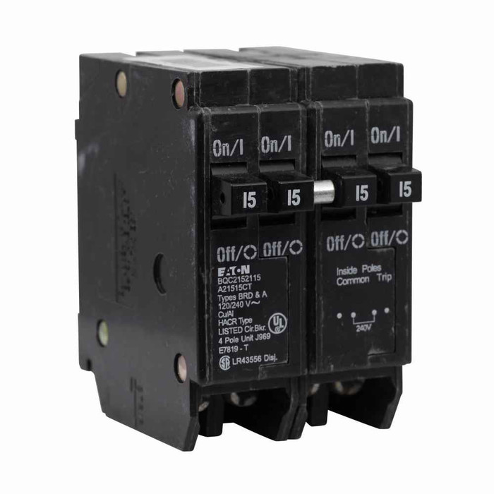 Eaton BQC215215 BR thermal magnetic circuit breaker,Type BQC 1-Inch CTL plug-on circuit breaker,Includes rejection tab feature,(2) Two-Pole 15 A,10 kAIC,Four-pole,120/240V,BQC,Common breaker trip,#14-4 AWG Cu/Al,BQC,Type BR Loadcenters