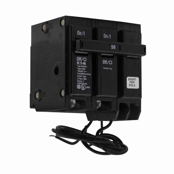 Eaton BR250ST BR thermal magnetic circuit breaker,Type BR 1-Inch plug-on shunt trip circuit breaker,50 A,10 kAIC,Two-pole,120/240V,BR,Common breaker trip,#14-4 AWG Cu/Al,Q28,BR,Type BR Loadcenters,Shunt trip included