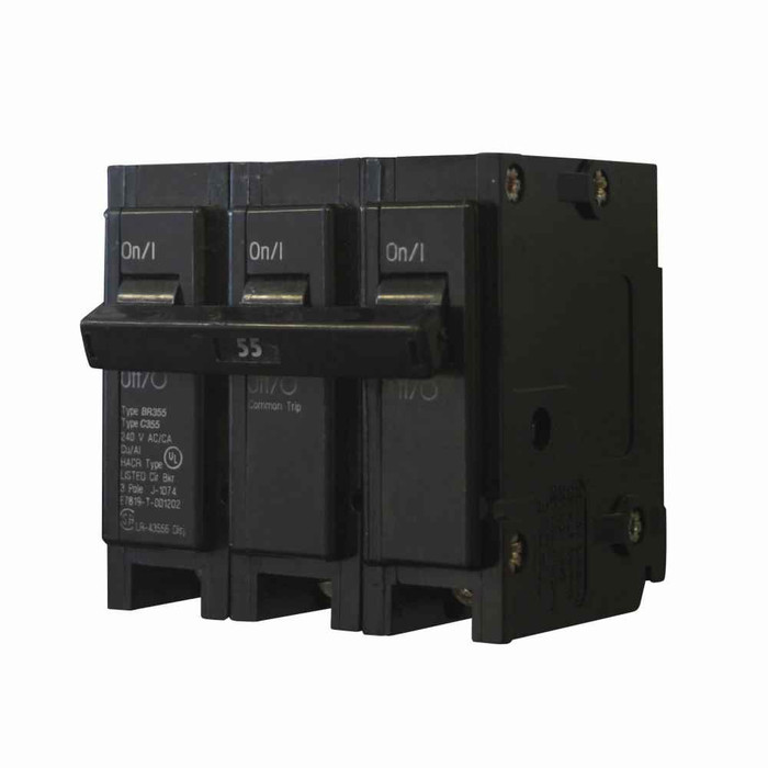 Eaton BR355 BR thermal magnetic circuit breaker,Type BR 1-Inch plug-on circuit breaker,55 A,10 kAIC,Three-pole,240V,BR,Common breaker trip,#14-3 AWG Cu/Al,Q28,BR,Type BR Loadcenters