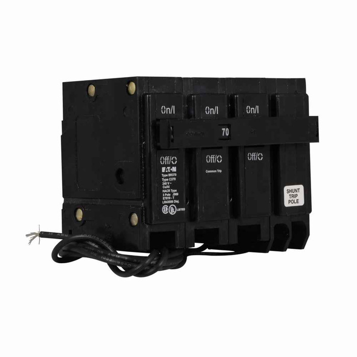 Eaton BR370ST BR thermal magnetic circuit breaker,Type BR 1-Inch plug-on shunt trip circuit breaker,70 A,10 kAIC,Three-pole,240V,BR,Common breaker trip,#4-1/0 AWG Cu/Al,Q28,BR,Type BR Loadcenters,Shunt trip included