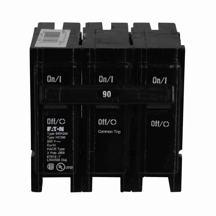 Eaton BRH390 BR thermal magnetic circuit breaker,Type BR 1-Inch plug-on circuit breaker,90 A,22 kAIC,Three-pole,240V,BRH,Common breaker trip,#4-1/0 AWG Cu/Al,BRH,Type BR Loadcenters