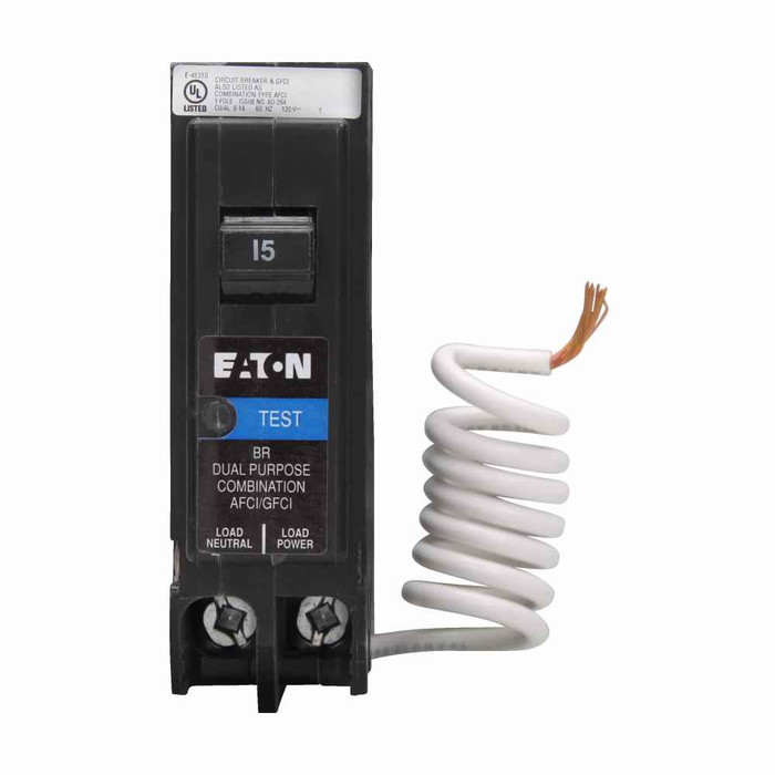 Eaton BRN115DFC BR arc fault / ground fault circuit breaker, 15A, 10 kAIC , Single-pole, pigtail neutral