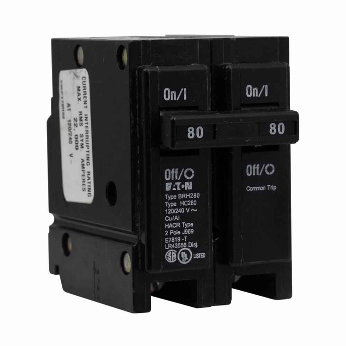 Eaton BRH280 BR thermal magnetic circuit breaker,Type BR 1-Inch plug-on circuit breaker,80 A,22 kAIC,Two-pole,120/240V,BRH,Common breaker trip,#4-1/0 AWG Cu/Al,Q28,BRH,Type BR Loadcenters