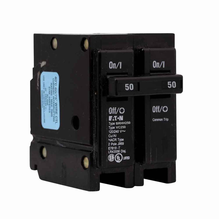 Eaton BRHH250 BR thermal magnetic circuit breaker,Type BR 1-Inch plug-on circuit breaker,50 A,42 kAIC,Two-pole,120/240V,BRH,Common breaker trip,#14-4 AWG Cu/Al,BRH,Type BR Loadcenters
