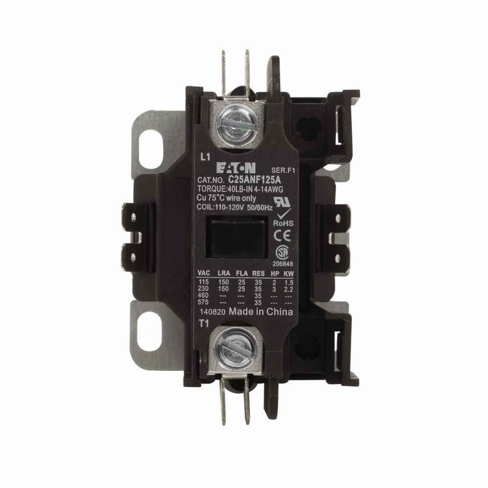Eaton C25ANF130B definite purpose contactor, Quick, 30A, 110-120 Vac, 50/60 Hz, Open with metal mounting plate, single-pole, 30A, Contactor, Single-pole, 40A, Box lugs (posidrive setscrew) and quick connect terminals , Non-reversing