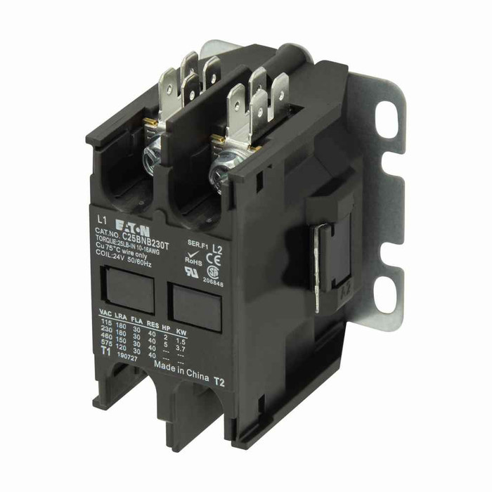 Eaton C25BNB230H definite purpose contactor, Quick, 30A, 440-480 Vac, 50/60 Hz, Open with metal mounting plate, Compact, two-pole, 30A, Contactor, Two-pole, 40A, Binding head screw and quick connect terminals (side-by-side), Non-reversing