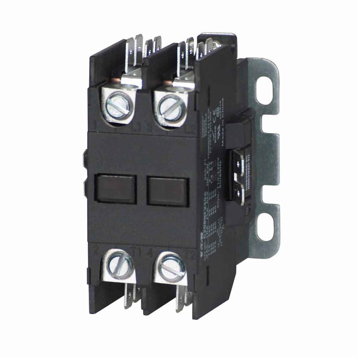 Eaton C25BNF220T definite purpose contactor, Quick, 20A, 277 Vac, 60 Hz, Open with metal mounting plate, Compact, two-pole, 20A, Contactor, Two-pole, 30A, Box lugs (posidrive setscrew) and quick connect terminals (side-by-side), Non-reversing