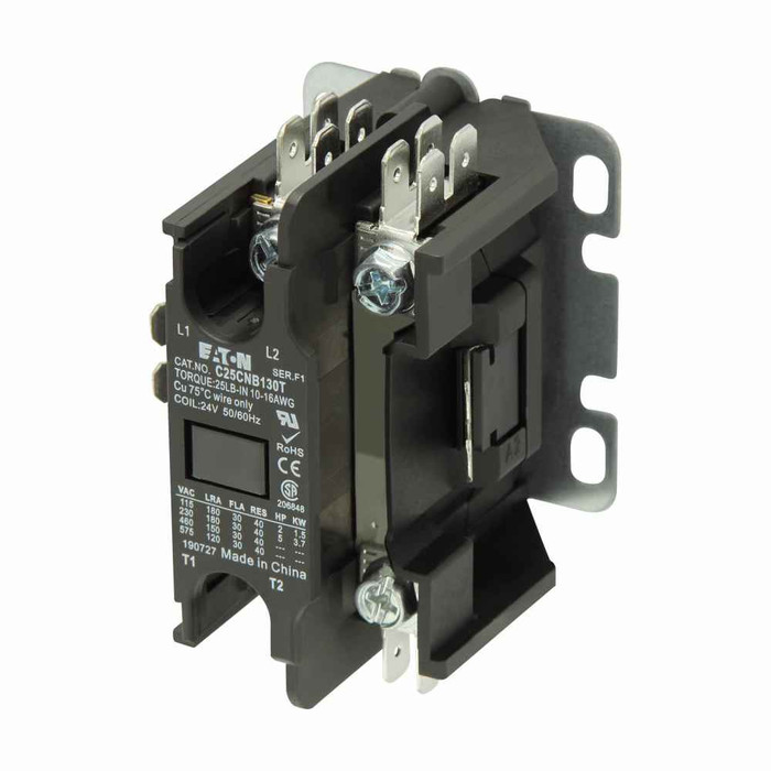 Eaton C25CNB130T definite purpose contactor, Quick, 30A, 277 Vac, 60 Hz, Open with metal mounting plate, Compact, single-pole w/shunt, 30A, Contactor, Single-pole, 40A, Binding head screw and quick connect terminals (side-by-side), Non-reversing