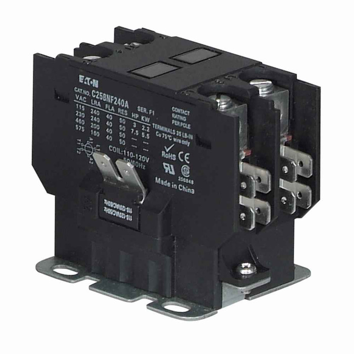 Eaton C25BNF240B definite purpose contactor, Quick, 40A, 110-120 Vac, 50/60 Hz, Open with metal mounting plate, Compact, two-pole, 40A, Contactor, Two-pole, 50A, Box lugs (posidrive setscrew) and quick connect terminals (side-by-side), Non-reversing