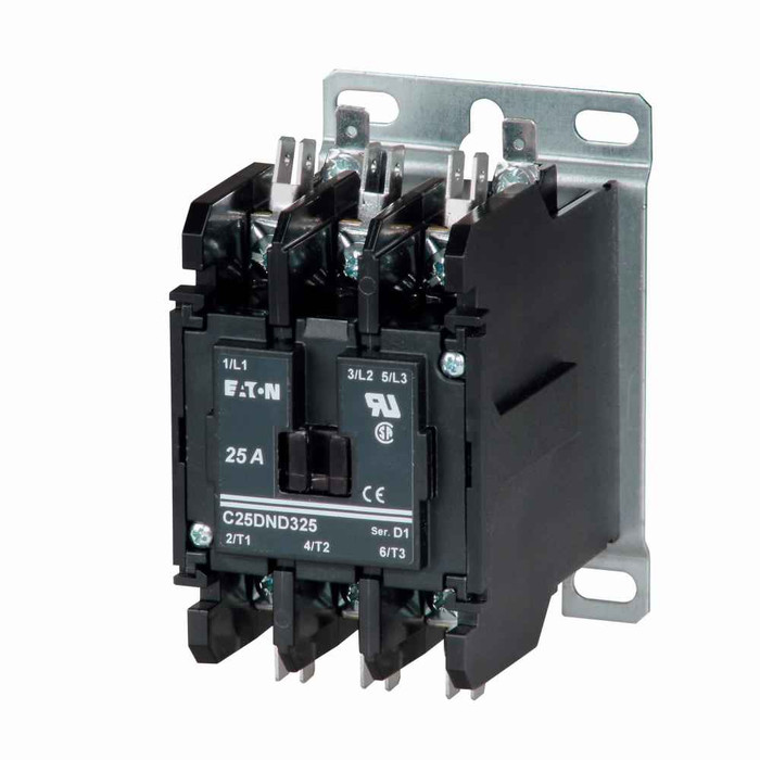Eaton C25DNF230T definite purpose contactor, Mounting plate, Quick, Quick connect , 12 Vac, 50/60 Hz, Open with metal mounting plate, 15-50A, two- and 3P, 30A, Contactor, Two-pole, Global listed, D1, Box lugs (posidrive setscrew), Non-reversing