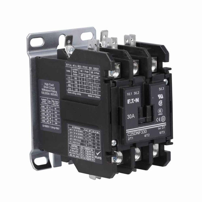 Eaton C25DNF330B definite purpose contactor, Quick, 30A, 110V/50 Hz, 120V/60 Hz, Open with metal mounting plate, 15-50A, two- or 3P, 15-50A, two- and 3P, Contactor, 3P, Global ratings, Box lugs (posidrive setscrew) and quick connect terminals