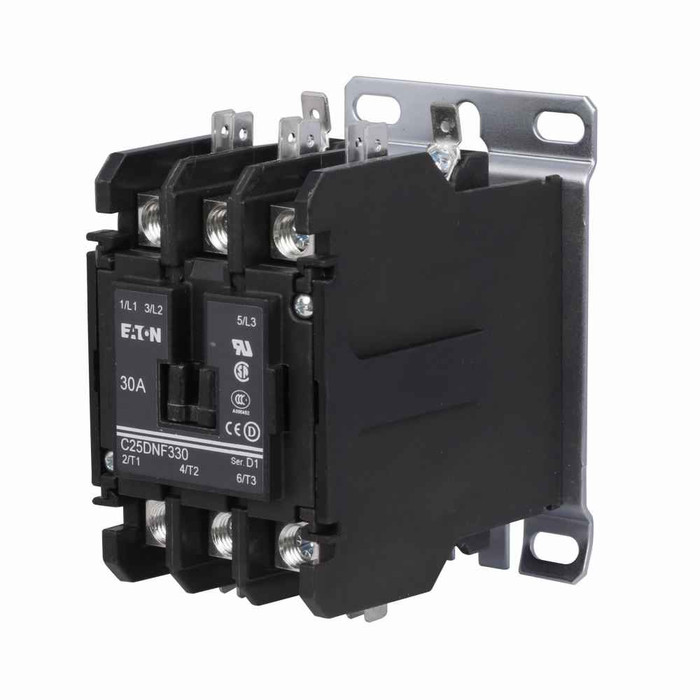 Eaton C25DNF330C definite purpose contactor, Quick, 30A, 208-240 Vac at 50/60 Hz, Open with metal mounting plate, 15-50A, two- or 3P, 15-50A, two- and 3P, Contactor, 3P, Global ratings, Box lugs (posidrive setscrew) and quick connect terminals