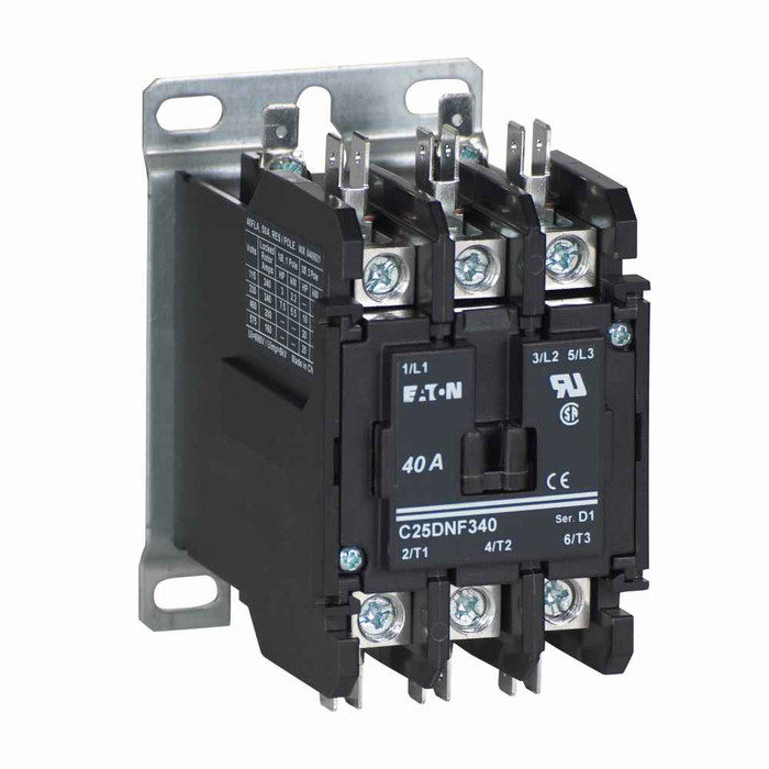 Eaton C25DNF3501R definite purpose contactor, Quick, 50A, 12 Vdc, Open with metal mounting plate, 15-50A, two- and three-pole, 50A, Contactor, Three-pole, 65A, Box lugs (posidrive setscrew) and quick connect terminals (side-by-side), Non-reversing