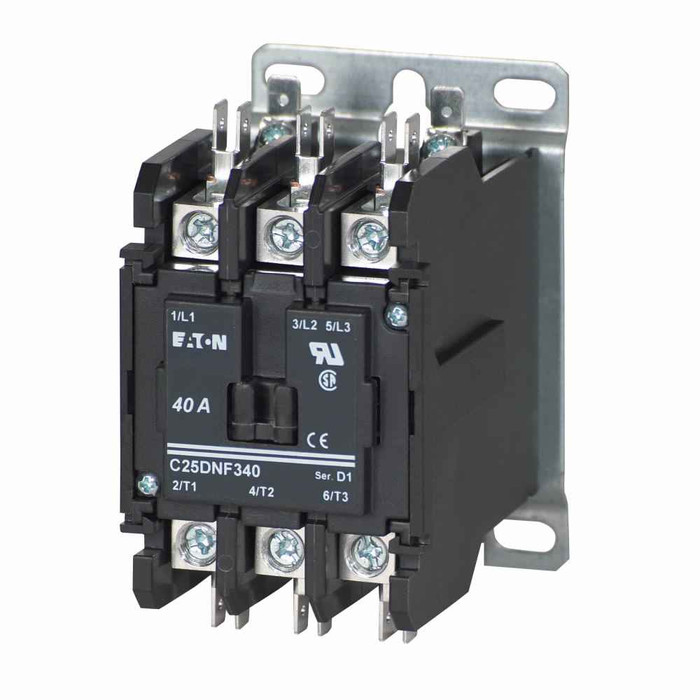 Eaton C25DNF350H definite purpose contactor, Quick, 50A, 277 Vac, 60 Hz, Open with metal mounting plate, 15-50A, two- and three-pole, 50A, Three-pole, 65A, Box lugs (posidrive setscrew) and quick connect terminals (side-by-side), Non-reversing