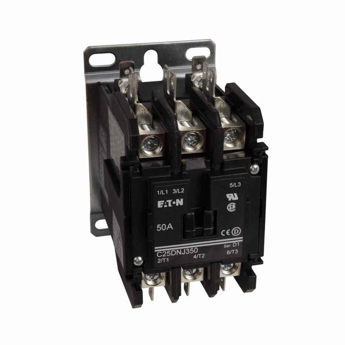 Eaton C25DNL340B9 definite purpose contactor, Quick, 50A, 12 Vac, 50/60 Hz, 1NC, Open with metal mounting plate, 15-50A, two- and three-pole, 50A,65A, Box lugs (posidrive setscrew) and quick connect terminals (vertical-in-line), Non-reversing Eaton C25DNL340B9 definite purpose contactor, Quick, 50A, 12 Vac, 50/60 Hz, 1NC, Open with metal mounting plate, 15-50A, two- and three-pole, 50A,65A, Box lugs (posidrive setscrew) and quick connect terminals (vertical-in-line), Non-reversing