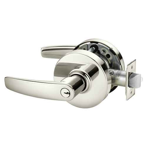 Sargent 10XG44 Grade 1 Heavy Duty Cylindrical Lock, Service Station Function, shown in Bright Nickel finish with L Rose — front three-quarter view with latch bolt extended