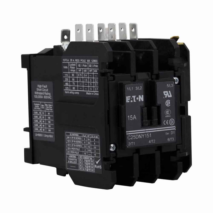 Eaton C25DNY116B definite purpose contactor, Quick, 208-240 Vac, 50/60 Hz, Open with metal mounting plate, 15-50A, two- and three-pole, Contactor, Non-reversing