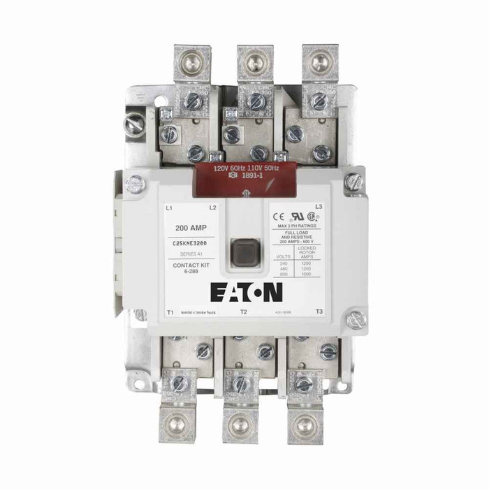 Eaton C25LNE3360BC definite purpose contactor, Non-reversing contactors and starters (C306) ,360A, three-pole , Open with metal mounting plate , Box lugs (posidrive setscrew) , 208–240 Vac, 50/60 Hz ,1NO-1NC