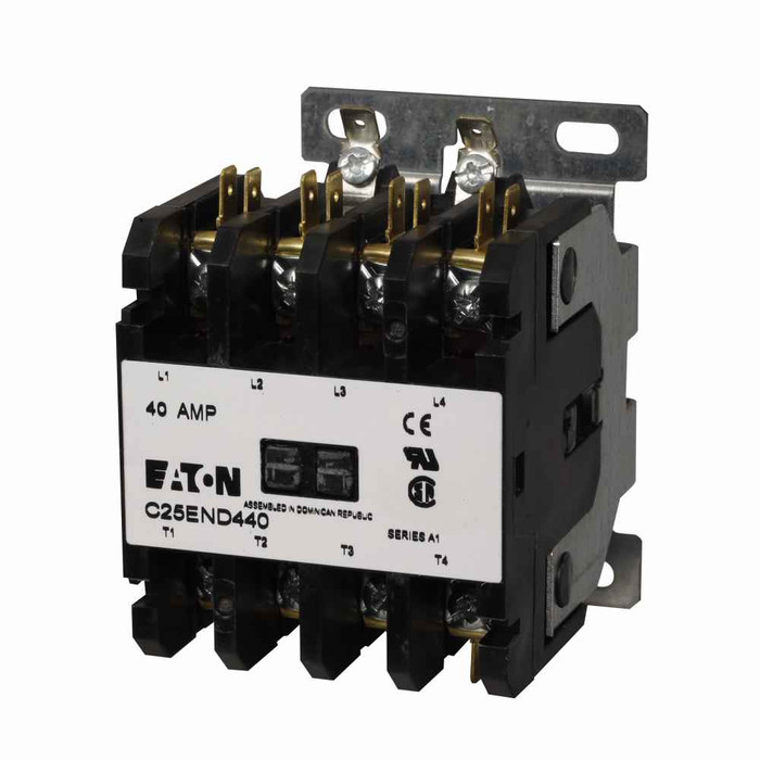 Eaton C25ENF440D definite purpose contactor, Quick, 50A, 12 Vac, 50/60 Hz, Open with metal mounting plate, 15-50A, two- and three-pole, 50A, Contactor, Three-pole, 65A, Box lugs (posidrive setscrew) and quick connect terminals , Non-reversing