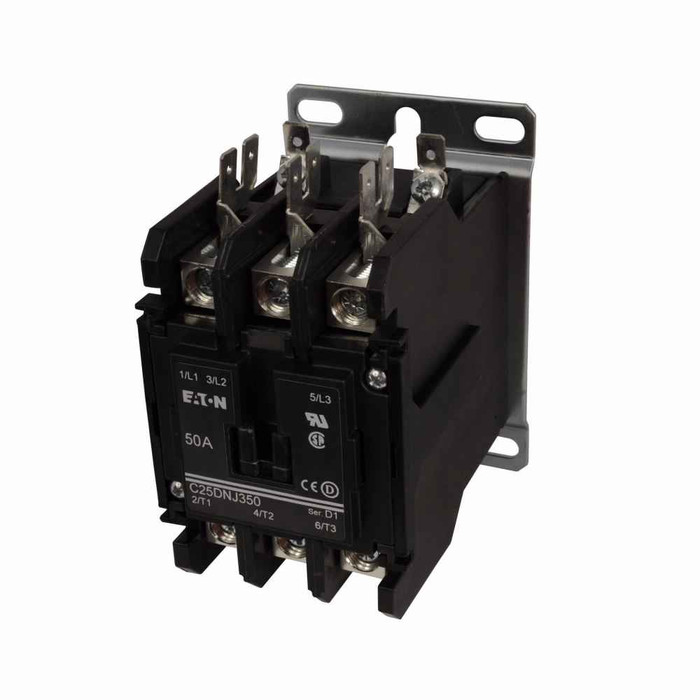 Eaton C25DRE250T definite purpose contactor, Quick, 50A, 24 Vac, 50/60 Hz, Open with DIN rail mounting adapter, 15-50A, two- and 3P, 50A, Contactor, 3P, 65A, Box lugs (posidrive setscrew) and quick connect terminals (vertical-in-line), Non-reversing