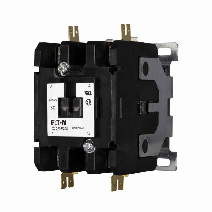 Eaton C25FNF360R definite purpose contactor, Quick, 60A, 12 Vac, 50/60 Hz, Open with metal mounting plate, 15-50A, two- and three-pole, 60A, Contactor,75A, Box lugs (posidrive setscrew) and quick connect terminals (side-by-side), Non-reversing