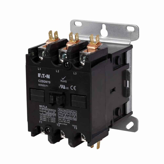 Eaton C25GNY9 definite purpose contactor, Quick, Open with metal mounting plate, 15-50A, two- and three-pole, Contactor, 9A, two- and three-pole, Non-reversing