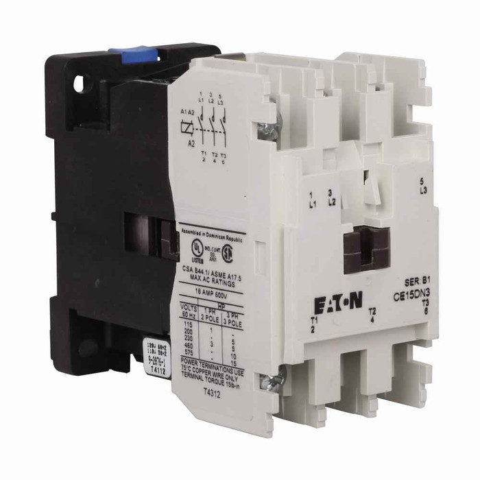 Eaton CE15DNS3LB XT IEC contactor, 18A, 380-415 Vac, 50 Hz, 1NO, 18A, Frame D, 55 mm, 50 Hz, Side, Three-pole, Non-reversing, No overload relay, Freedom, Contactor