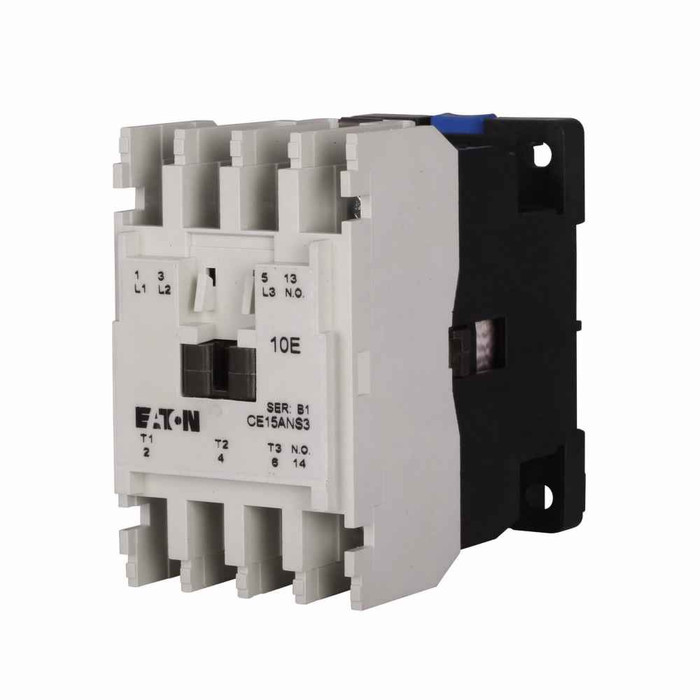 Eaton CE15ANS3AB XT IEC contactor, 7A, 110-120 Vac, 50-60 Hz, 1NO, 7A, Frame A, 45mm, 50-60 Hz, 0.25 hp, Side, Three-pole, Non-reversing, No overload relay, Freedom, Contactor
