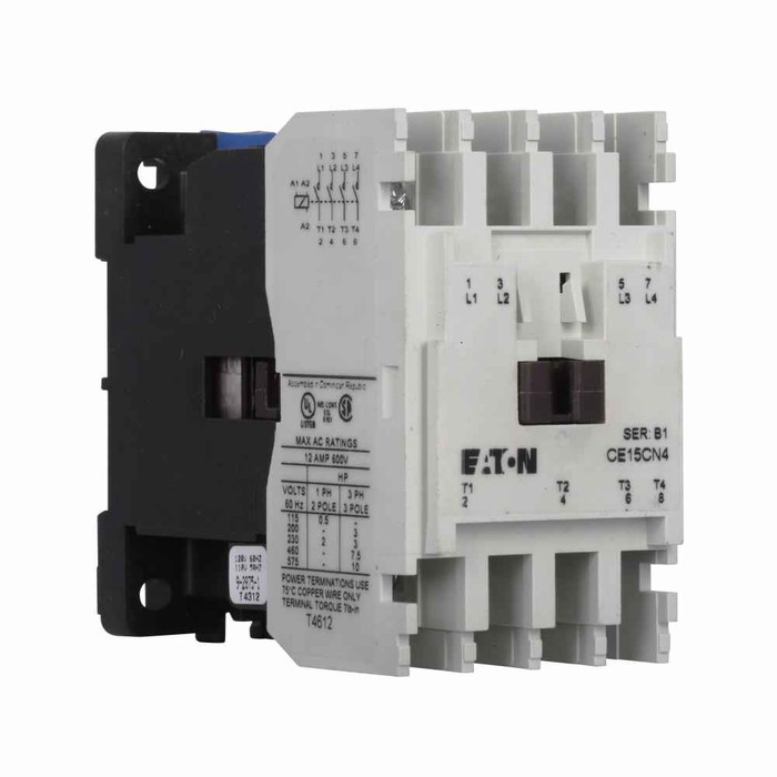 Eaton CE15BN4BB XT IEC contactor, 10A, 220-240 Vac, 50-60 Hz, 10A, Frame B, 45 mm, 50-60 Hz, Steel mounting plate, Four-pole, Non-reversing, No overload relay, Freedom, Contactor
