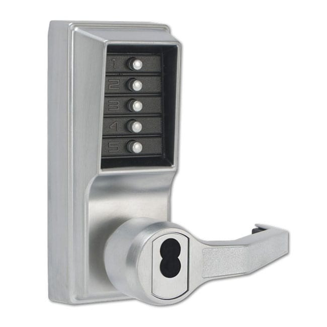 Dormakaba Simplex L1021 Pushbutton Cylindrical Lever Lock with Key Override – 626 Satin Chrome finish, exterior view showing pushbutton keypad and lever handle