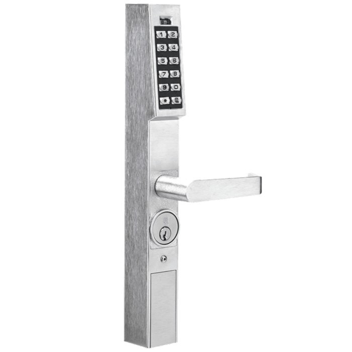 Alarm Lock DL1200ET Narrow Stile Electronic Exit Device Trim, US26D Satin Chrome, Lever, front three-quarter view