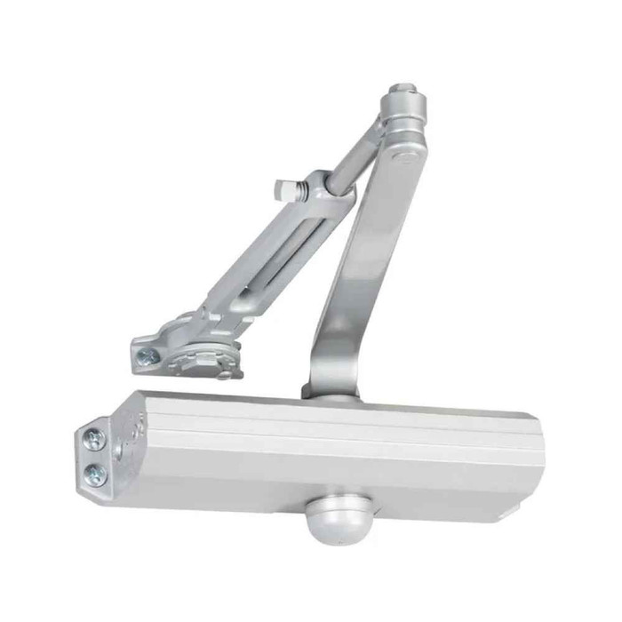 Norton Rixson 1601 Series Surface Door Closer, Aluminum Finish (689), Regular Arm — front three-quarter view on white background