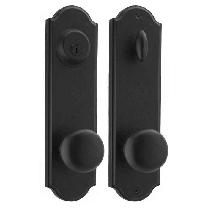 Weslock 7641 Tramore Keyed Entry Handle with Wexford Knob, Matte Black finish, exterior and interior sides shown