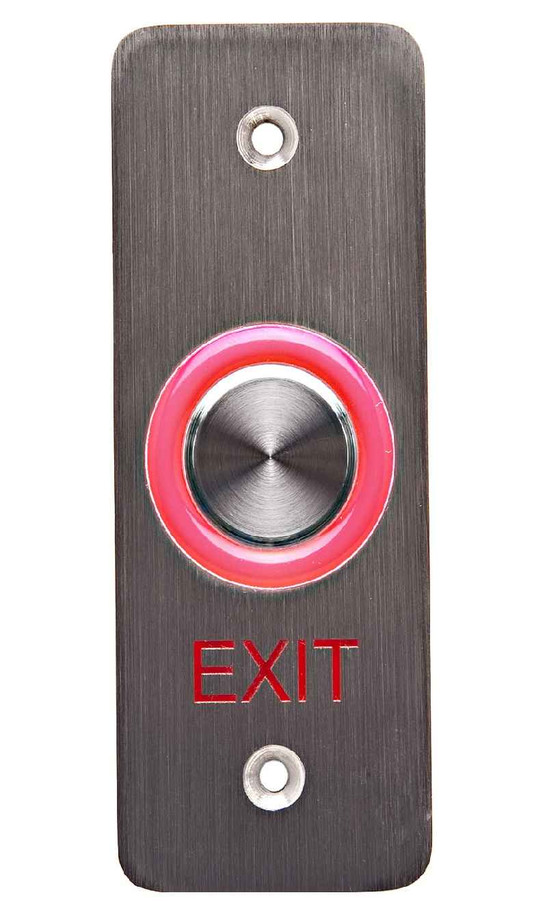DynaLock DynaLock 6620E Series - Narrow, “PUSH TO EXIT” Faceplate, 10-24 VDC Halo-Lighted Piezo REX Push Button DYK-6620E
