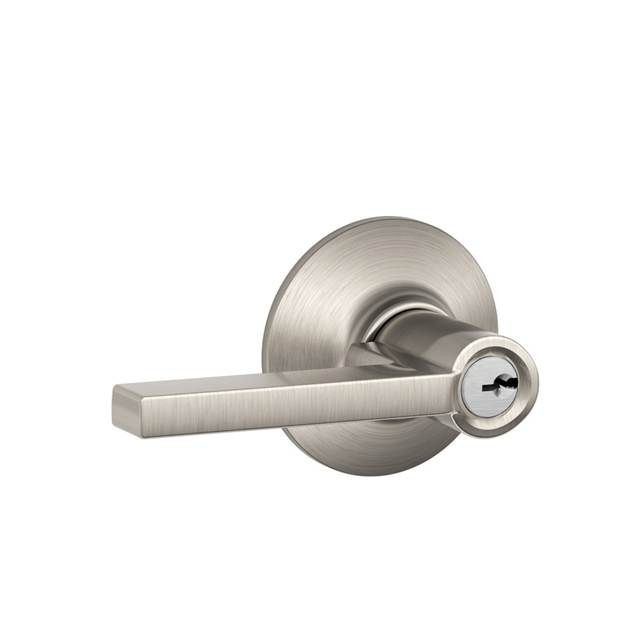 Schlage F80 Storeroom Cylindrical Lock, Latitude Lever, Kinsler Rose, 619 Satin Nickel, C Keyway, Grade 2 Commercial