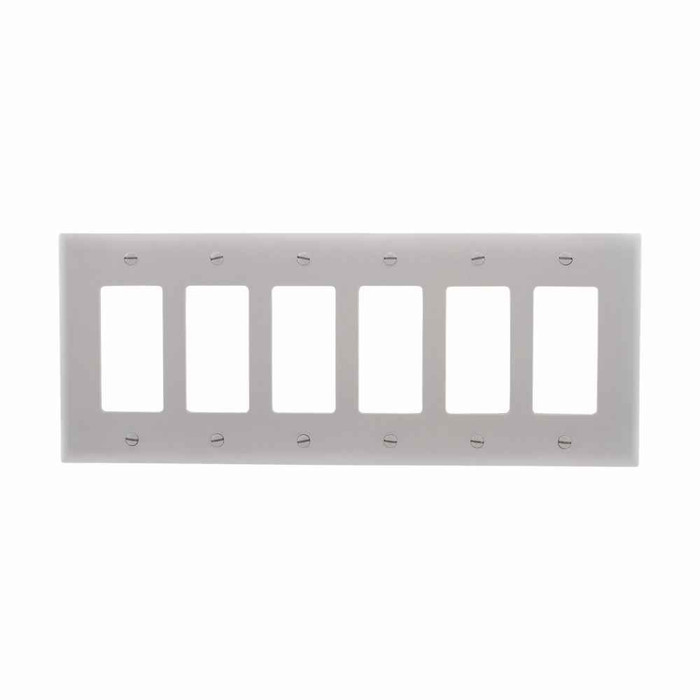 Eaton PJ266GY Decorator / GFCI wallplate, Gray, Decorator Cutout, Polycarbonate, 6-Gang, Mid-size