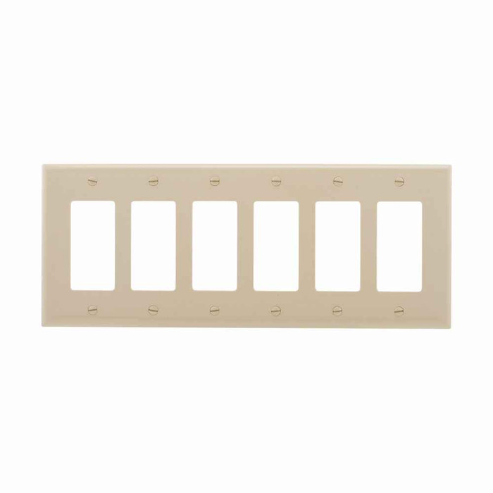 Eaton PJ266V Decorator / GFCI wallplate, Ivory, Decorator Cutout, Polycarbonate, 6-Gang, Mid-size