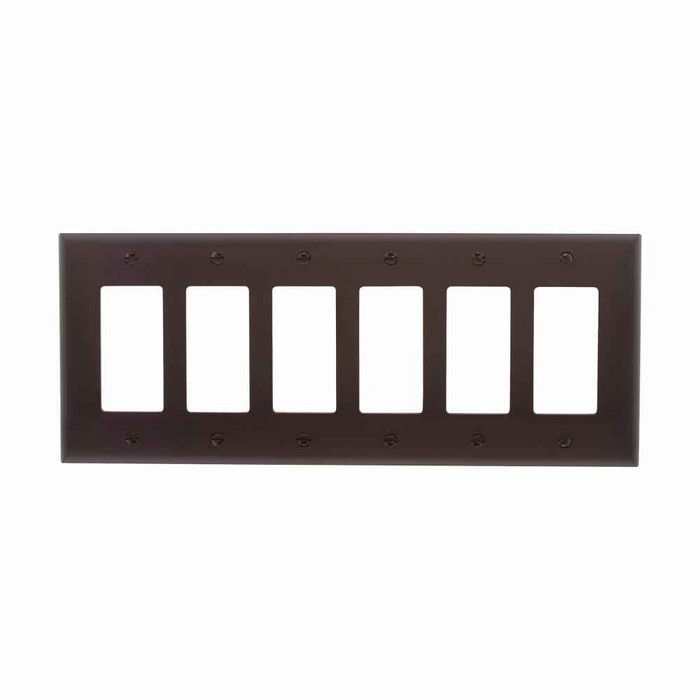 Eaton PJ266B Decorator / GFCI wallplate, Brown, Decorator Cutout, Polycarbonate, 6-Gang, Mid-size