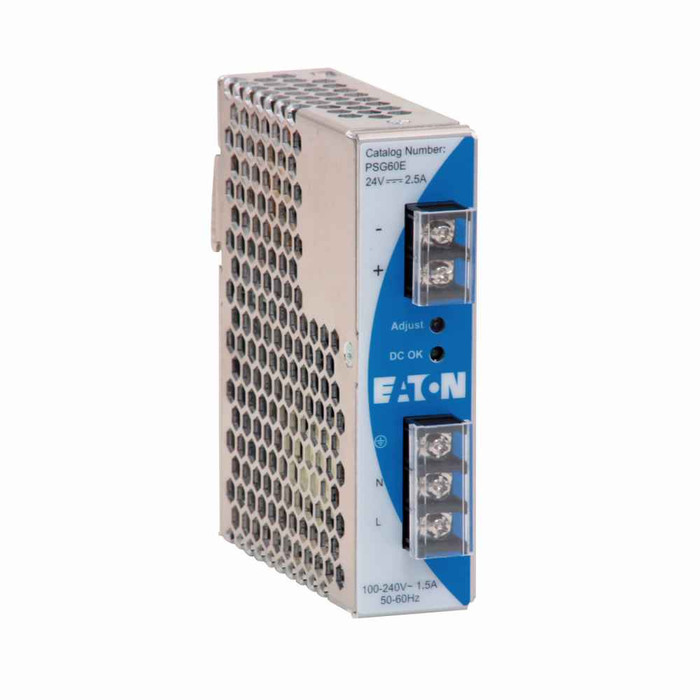 Eaton PSG960F24RM General Purpose Power Supply, 400-500 Vac, 47-63 Hz, Three-Phase, DIN rail mount, -20C-75C operating temp, Aluminum, 960W, 24 Vdc (±4.8 Vdc), 24 VDC/2.5A, IP20.