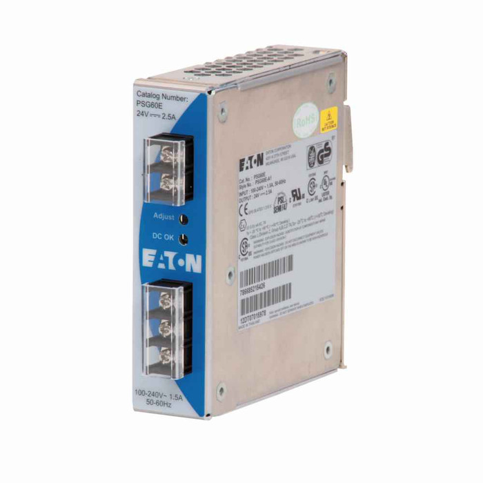 Eaton PSG240E Power Supply, 240W, Single-phase, 100-240V input voltage, 24 Vdc ± 2% output voltage, 2.9A input current, 10A output current, 47-63 Hz, 85-264V, 120-375 Vdc, Aluminum enclosure, Heavy-duty screw terminals