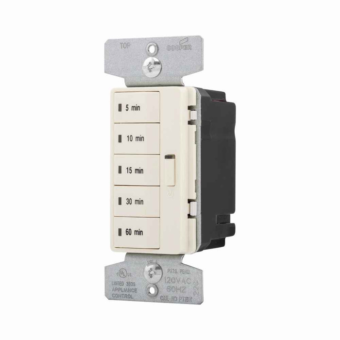 Eaton PT18M-A Accell minute timer, 5, 10, 15, 30, and 60 minute default time settings, 15A, 120V, Wire leads, Five button, Almond, Load type: Incandescent, halogen, MLV, ELV, fluorescent, CFL, LED, Single-pole, Polycarbonate, 1800W