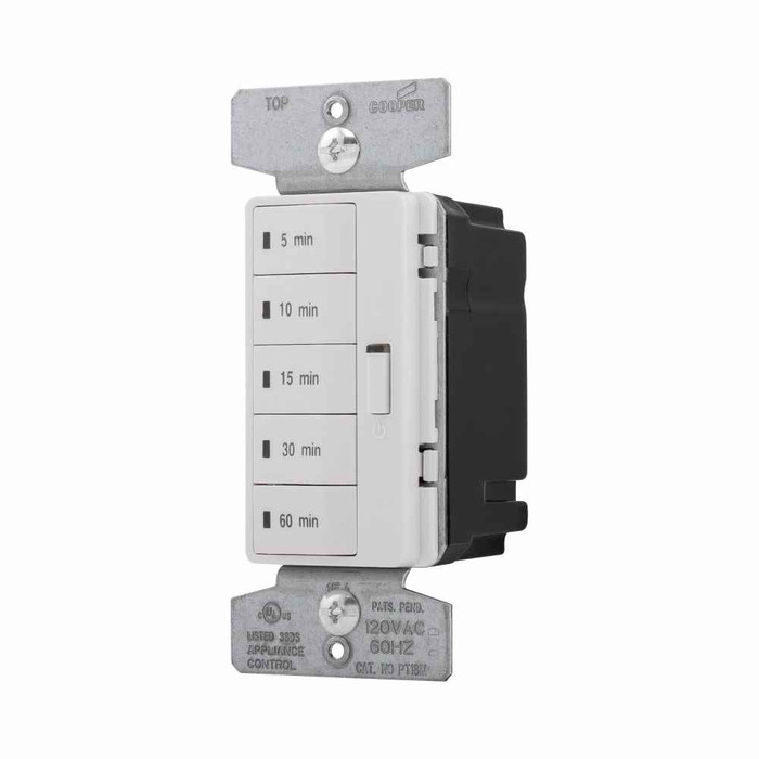 Eaton PT18M-C1 Accell minute timer, 5, 10, 15, 30, and 60 minute default time settings, 15A, 120V, Wire leads, Five button, Almond, ivory, white, Load type: Incandescent, halogen, MLV, ELV, fluorescent, CFL, LED, Single-pole, Polycarbonate, 1800W
