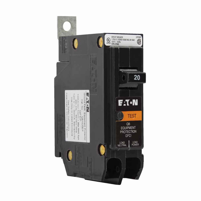 Eaton QB1020EP QB GFCI circuit breaker,Bolt-on equipment protection,20A,10 kAIC,Single-pole,120/240V,Non-Interchangeable,30 mA Trip sensitivity,Bolt-on,#14-4 AWG,QB Eaton QB1020EP QB GFCI circuit breaker,Bolt-on equipment protection,20A,10 kAIC,Single-pole,120/240V,Non-Interchangeable,30 mA Trip sensitivity,Bolt-on,#14-4 AWG,QB