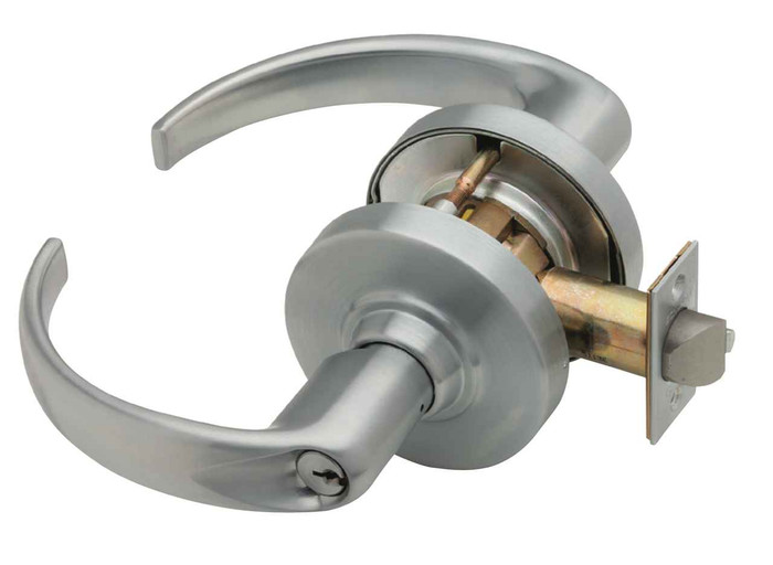 Schlage ND82 Institutional Grade 1 Cylindrical Keyed Lever Lock – Athens lever, Satin Chrome finish, exploded view showing latch and cylinder