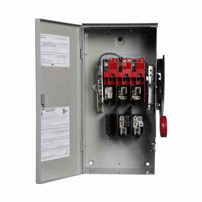 Eaton DH261FRK-CSA Custom single-throw fused safety switch, Enhanced visible blade, 30 A, NEMA 3R, Painted galvanized steel, Class H, Fusible without neutral, Two-pole, Two-wire, 600 V, Max Hp: 7.5, 10 hp/15 hp (1PH @480,600 V TD/600 Vdc), #14-#2 Cu/