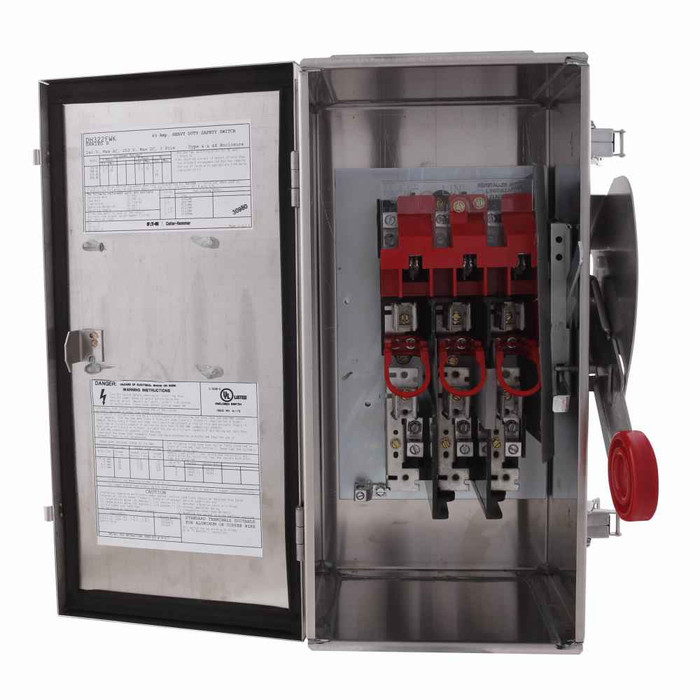 Eaton DH322NWK Enhanced visible blade single-throw safety switch, Corrosion resistant, 60 A, NEMA 4X, 304 stainless steel, Class H, Neutral, Three-pole, Four-wire, 240 V, Max Hp: 3, 7.5/ 10, 15/ 10 hp (1,3PH @Std/TD/250 Vdc), #14-#2 Cu/Al