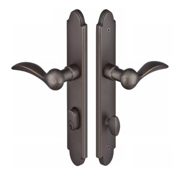 Emtek 1111 Multi Point Lock Trim (Door Config #1) - Sandcast Bronze Plates, Arched Style (1.5" x 11"), Keyed with American Cylinder Hub BELOW Handle