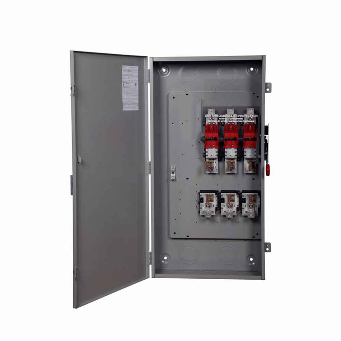 Eaton DH325FGK Enhanced visible blade single-throw safety switch, 400 A, NEMA 1, Painted steel, Class H, Three-pole, Three-wire, 240 V, Max Hp: 50, 125/ 50 hp (3PH @Std, TD/250 Vdc), (2)#1/0-(2)300 kcmil or (1)#1/0-(1)750 kcmil Al