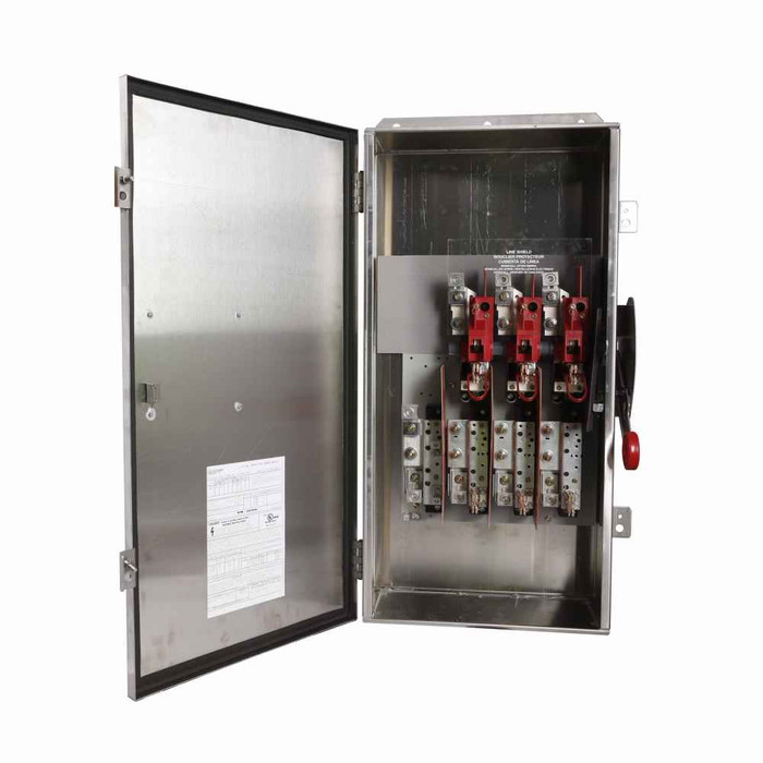 Eaton DH324FWK Enhanced visible blade single-throw safety switch, 200 A, NEMA 4X, 304 stainless steel, Class H, Fusible without neutral, Three-pole, Three-wire, 240 V, Max Hp: 15, 25/ 15, 60/ 40 hp (1,3PH @Std/TD/250 Vdc), #6-300 kcmil Cu/Al
